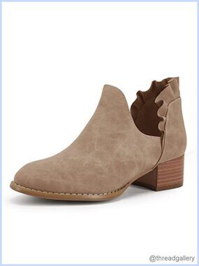 Womens Faux Leather Ruffled Ankle Boots Pointed Toe Chunky Low Heel Western